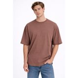 KAREL BUTİK Erkek Oversize Fit %100 Organik Pamuk Kalın Dokulu Bisiklet Kahverengi T-shirt
