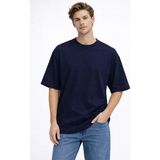 KAREL BUTİK Erkek Oversize Fit %100 Organik Pamuk Kalın Dokulu Bisiklet Lacivert T-shirt
