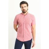 Kareli Bordo Renk Slim Fit Kısa Kollu Keten Erkek Gömlek - 2XL