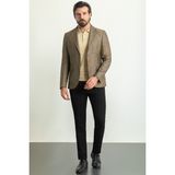 Kareli Kahverengi Slim Fit Mono Yaka Keten Erkek Ceket - 52