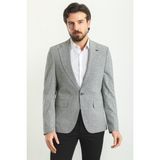 Kareli Lacivert Renk Slim Fit Mono Yaka Keten Erkek Ceket - 56 - Gri
