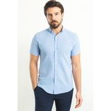 Kareli Mavi Renk Slim Fit Kısa Kollu Keten Erkek Gömlek