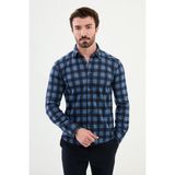 Kareli Mavi Slim Fit Yün Erkek Gömlek - 2XL