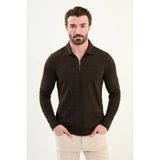 Kareli Slim Fit Polo Yaka Fermuarlı Uzun Kollu Erkek T-Shirt - Kahverengi