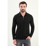 Kareli Slim Fit Polo Yaka Fermuarlı Uzun Kollu Erkek T-Shirt - Siyah - 2XL