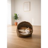Karen Banyo Oval Gölgelikli Hasır Kedi ve Köpek Yatağı, Kedi Evi Örme Sepet Minder Dahil - 0 - 1 Yaş - Ahşap