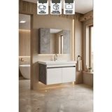 KAREN BANYO Retro 80 Cm Lavabolu, Aynalı Banyo Dolabı, Retro Gümüş-Beyaz, Seramik Lavabo Dahil