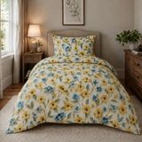 Karen Home %100 Pamuk Lastikli Çarşaflı Tek Kişilik Nevresim Takımı | Sarı Kır Çiçekleri - Sarı - Mavi - 160 x 220 cm