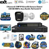 Karer 5 Kameralı Full HD IP Güvenlik Kamera Seti – 10 Kanal NVR, 320GB HDD, 1 Top CAT6, 8 Port PoE Switch ve 20" Full HD Monitör - Beyaz