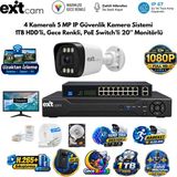 Karer Exitcam 4 Kameralı 5 Mp Ip Poe Güvenlik Kamera Sistemi – 20 Inç Monitör, 1 Tb Hdd, 100 Metre Kablo, Sesli ve Gece Renkli