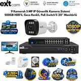 Karer ExitCam 9 Kameralı 5 MP IP PoE Güvenlik Kamera Sistemi – 20 İnç Monitör, 500 GB HDD, 200 Metre Kablo, Sesli ve Gece Renkli