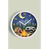 Karikatür Çizimi Kamp - Karavan Modern Çocuk Odası Duvar Saati - 35cm - Önü Camlı Beyaz Kasa, JH0742S35BKP
