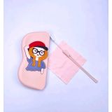 Karikatür Kız Baskılı Pembe Gözlük Kutusu, 17x8 cm