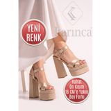 Karınca Bej Gelin Ayakkabısı - Bej Saten Yüksek, Kalın Topuklu Abiye Gece Ayakkabısı