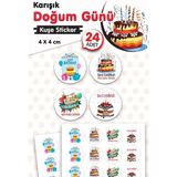 Karışık Doğum Günü Sticker Etiket 4 cm 24 Adet Happy Birthday,nice Mutlu Seneler, Iyi Ki Doğdun -T1468 - Renkli - YUVARLAK
