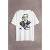 Karizma Gözlüklü Gazi Mustafa Kemal Atatürk Portresi Sırt Ön Baskılı Oversize Tişört Unisex T-Shirt Beyaz XL