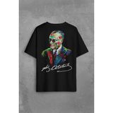 Karizma Gözlüklü Gazi Mustafa Kemal Atatürk Portresi Sırt Ön Baskılı Oversize Tişört Unisex T-Shirt Siyah