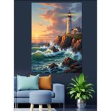 Karizma Tablo Kayalıklarda Işık Saçan Deniz Feneri Dekoratif Kanvas - Mdf Ahşap Tablo - 35x50 Cm