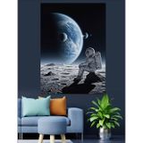 Karizmart Ay Üzerinde Oturan Astronot Dekoratif Kanvas - Mdf Ahşap Tablo