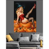 Karizmart Balkabaklarında Oturan Cadı Kostümlü Pin Up Kız Retro Dekoratif Kanvas - Mdf Ahşap Tablo