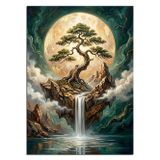 Karizmart Dolunaylı Şelaleli Bonsai Ağaç Adası Dekoratif Kanvas - Mdf Ahşap Tablo