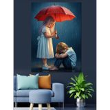 Karizmart Kırmızı Şemsiyeli Çocuklar Dekoratif Kanvas - Mdf Ahşap Tablo