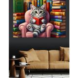 Karizmart Kitap Okuyan Kedi Çizimi Dekoratif Kanvas - Mdf Ahşap Tablo
