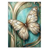 Karizmart Mavi Fonda Beyaz Kelebek Art Nouveau Dekoratif Kanvas - Mdf Ahşap Tablo
