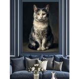 Karizmart Oturan Gri Beyaz Kedi Dekoratif Kanvas - Mdf Ahşap Tablo