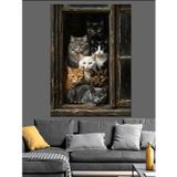 Karizmart Pencereden Bakan Kalabalık Kedi Grubu Dekoratif Kanvas - Mdf Ahşap Tablo