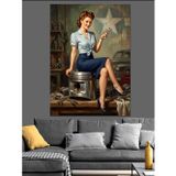 Karizmart Piston Üzerinde Oturan Retro Kadın Dekoratif Kanvas - Mdf Ahşap Tablo