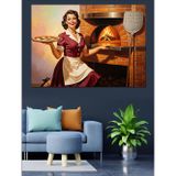 Karizmart Taş Fırın Önünde Pizza Pişiren Retro Kadın Dekoratif Kanvas - Mdf Ahşap Tablo