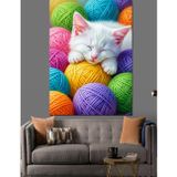 Karizmart Yün Yumakları Ve Kedi Dekoratif Kanvas - Mdf Ahşap Tablo