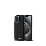Karl Lagerfeld iPhone 15 Pro Max Metal Yazı Logolu PU Deri Damgalı Siyah Telefon Kılıfı