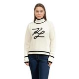 Karl Lagerfeld Kadın Soutache Autograph Triko, Beyaz, Boğazlı, Uzun Kollu