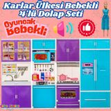 Karlar Ülkesi Bebekli Dörtlü Mutfak Seti - Frozen Modern Mutfak Seti - Işıklı Sesli Mutfak Oyuncak - Fırın, Buzdolabı, B