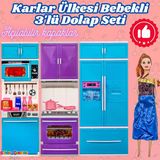 Karlar Ülkesi Bebekli Üçlü Mutfak Seti - Frozen Modern Mutfak Seti - Işıklı Sesli Mutfak Oyuncak - Fırın, Buzdolabı, Bul