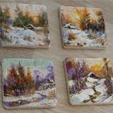 Karlı Orman Manzaraları Doğal Taş Bardak Altlığı 4'lü set - Natural Stone Coasters