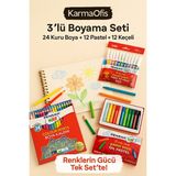 KarmaOfis 3’lü Boyama Seti – 24 Renk Kuru Boya+12 Renk Pastel Boya+12 Renk Keçeli Kalem
