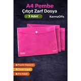 KarmaOfis A4 Pembe Çıtçıt Zarf Dosya 3 Adet – Plastik Evrak Dosyası