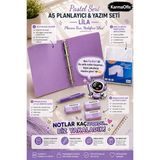 KarmaOfis Pastel Lila Seri A5 Planlayıcı ve Yazım Seti – 4 Halkalı Klasör, Versatil Kalem, Silgi ve Şeffaf Dosya