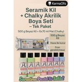 KarmaOfis Seramik Kil 500 G + Chalky Akrilik Boya 6×70 ml – Mat Dekoratif Boyama & Modelleme Seti