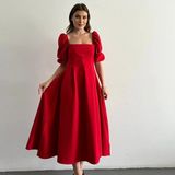 Karpuz Kol Kare Yaka Midi Elbise - Kırmızı