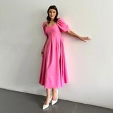 Karpuz Kol Kare Yaka Midi Elbise - Pembe