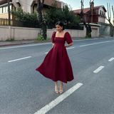 Karpuz Kol Kare Yaka Midi Elbise - XL - Bordo