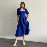 Karpuz Kol Kare Yaka Midi Elbise - XL - Saks