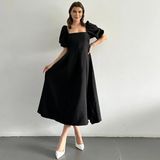 Karpuz Kol Kare Yaka Midi Elbise - XL - Siyah