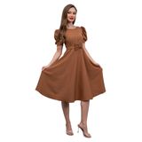 Karpuz Kol Midi Boy Kloş Krep Elbise (Camel, M)