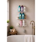 KARTEYA Beyaz 3'lü Set Yapışkanlı 4 Kancalı Paslanmaz Banyo Rafı Mat Beyaz Banyo Şampuanlık Duşakabin Duş Askısı