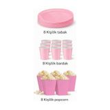 Karton Pembe 8er Adet Renkli Tabak Bardak Popcorn Set Doğum Günü Parti Seti Aksesuar